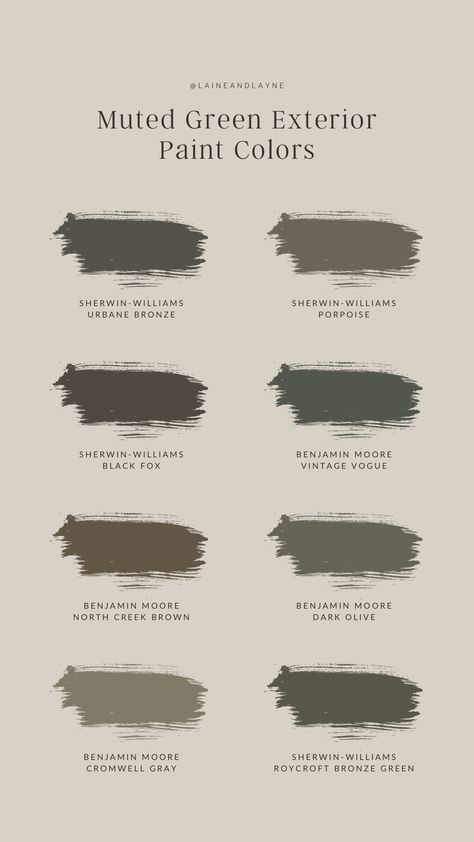 Muted Green Paint Colors We Are Loving & A First Look at Our Exterior Plan | Laine and Layne Earthy Tone House Exterior, Taupe And Green House Exterior, Exterior Paint Colors With Stone Accent, Sage Green Craftsman Exterior, Perfect Olive Green Paint, Green Tudor House, Green Paint With Brown Undertones, Dark Exterior Paint Colors For House With White Trim, Sw Foothills Exterior