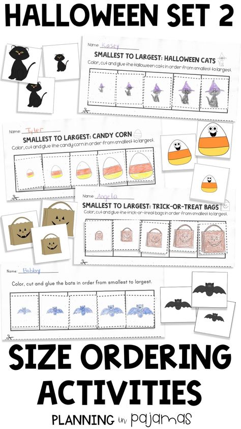 Set of size ordering activities to add to a Halloween theme! Worksheets (differentiated options) and sets of size ordering cards, to practice non-standard measurement by ordering Black Cats, Bats, Candy Corn and Treat Bags from smallest to biggest. #sizeordering #halloweentheme #kindergarten #halloween Ordering Activities, Bilingual Kindergarten, Measurement Kindergarten, Kindergarten Halloween, October School, Guided Math Groups, Literacy Games, Math Groups, Halloween Math