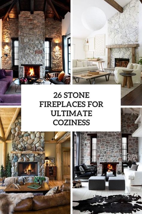 stone fireplaces for ultimate coziness cover Flagstone Fireplace Living Room, 2 Sided Fireplace Living Room, Fireplace With Log Burner, Stone Fireplace Living Room, River Rock Fireplace, Faux Stone Fireplaces, Grey Stone Fireplace, River Rock Fireplaces, Purple Furniture