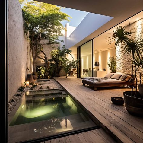 Luxury Retreats Villas, Retreat House Architecture, Central Courtyard Design, Modern Bali House, Lanai Design, Pool Courtyard, Dubai Villa, Japanese Modern House, Luxury Villa Design