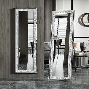 MUAUSU Crystal Full Length Floor Mirror- 59"×18" Crushed Diamond Full Body Mirror Silver Long Standing Mirror for Bedroom Living Room Bathroom Wall Mounted Long Standing Mirror, Full Length Mirror Stand, Mirror For Bedroom, Full Length Floor Mirror, Floor Standing Mirror, Full Length Mirror Wall, Body Mirror, Living Room Mirrors, Glass Frame