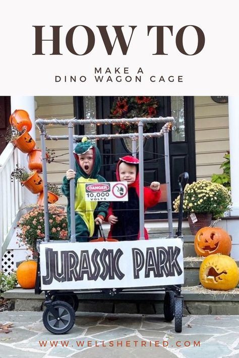 Jurrasic Park Wagon Costume, Dinosaur Wagon Costume, Wagon Halloween Costumes, Wagon Costume, Diy Dinosaur Costume, Wheelchair Costumes, Make A Dinosaur, Diy Dinosaur, Dinosaur Halloween Costume