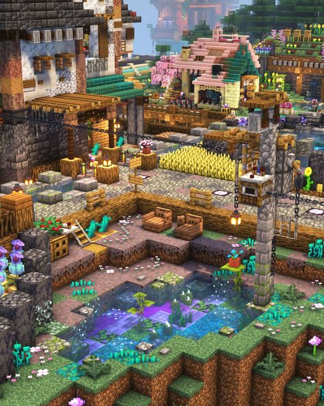 Minecraft Town Centre Ideas, Minecraft Town Themes, Minecraft God Armour, Minecraft Goat Pen, Ravine Base Minecraft, Minecraft Front Yard Ideas, Minecraft Landscape Ideas, Minecraft Building Styles, Minecraft Cliff Base