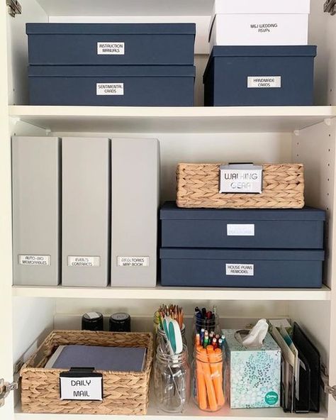 Mail Room Ideas, Office Shelf Organization Ideas, Organizing Papers At Home, Office Supply Organization At Home, Office Supply Organization At Work, Office Storage Boxes, Closet Office Organization, Office Layouts, Office Design Trends