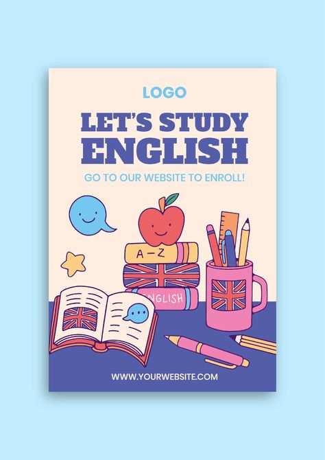 Doodle Child-like English School Flyer English Posters Design, English Book Cover Design For School, Educational Advertisement, English Book Cover, Teacher Logo, Tutoring Flyer, Designing Art, English Textbook, Book Cover Art Design