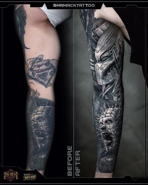 Absolutely awesome black & grey cover-up done by Shamack. We're loving the detail in this #realism piece as well as how beautifully it masks the piece below! If you're interested in a new tattoo or cover-up please get in touch:) #blackandgreyrealism #blackandgreytattoo #realismtattoo #coverup #coveruptattoo #inkden #inkdenstudio Cover Up Tattoos Before And After, Cowboys From Hell, Up Tattoo, Sketch Tattoo Design, Cover Up Tattoo, New Tattoo, Realism Tattoo, Cover Up Tattoos, Cover Gray