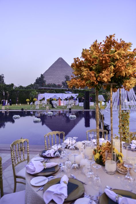 Egypt Wedding Venues, Wedding Egypt, Pyramid Wedding, Egypt Wedding, Pool Events, Egyptian Wedding, Egypt Aesthetic, Wedding Ambiance, Muslimah Wedding Dress