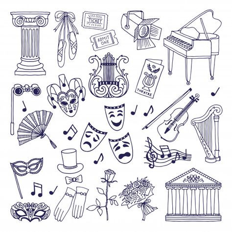 Theatre illustrations set. opera and ballet vector symbols isolate on white Premium Vector Theatre Symbol, Theatre Drawing, Theatre Illustration, Theatre Logo, Vector Symbols, Bestie Tattoo, Pes Embroidery, Cool Doodles, Doodle Illustration