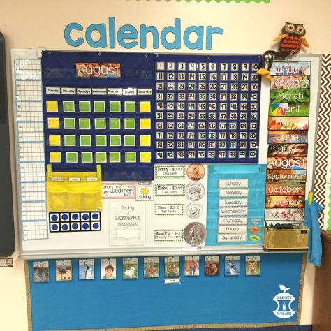 I like the way she has her calendar area set up- won't do all for preschool but calendar with numbers on side, colored squares for wkend vs week and months are cool Kindergarten Calendar Wall, 1st Grade Calendar, First Grade Calendar, Kindergarten Calendar, Calendar Math, Kindergarten Classroom Decor, Classroom Makeover, Preschool Homeschool, Calendar Wall