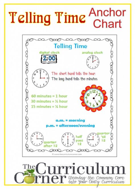 Telling Time Anchor Chart free from The Curriculum Corner | Math Notebook Elapsed Time Anchor Chart, Telling Time Anchor Chart, Time Anchor Chart, Math Notebook, Math Charts, Math Measurement, Math Anchor Charts, Teaching Time, Math Time