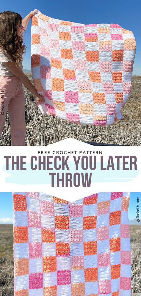 One Sitting Crochet Project, Cute Crochet Throw Blanket, Crochet Graphghan Free Pattern, Granny Square Gingham Blanket, Checkered Crochet Pattern Free, Cute Crochet Blanket Patterns Free, Peach Crochet Blanket, Beautiful Crochet Blanket Patterns Free, Checker Blanket Crochet