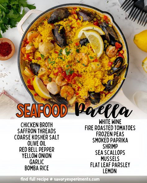 An easy seafood paella recipe with step-by-step instructions and how to make paella without a paella pan using shrimp, mussels and scallops. Shrimp And Scallop Paella, Paella Seafood Recipes, Sea Food Paella Recipe, How To Make Paella Seafood, How To Make Paella, Paella Recipe Authentic, Best Paella Recipe, Easy Paella Recipe, Easy Seafood Paella Recipe