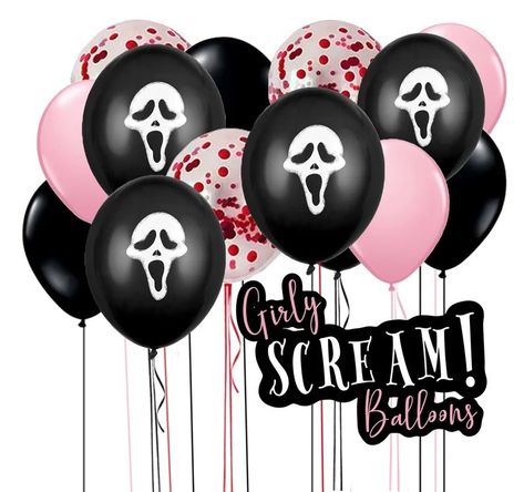 Girly Horror, Halloween Movie Night Party, Black Halloween Party, Horror Themed Party, Scream Mask, Horror Scream, Halloween Party Balloons, Movie Birthday Party, Halloween Movie Night