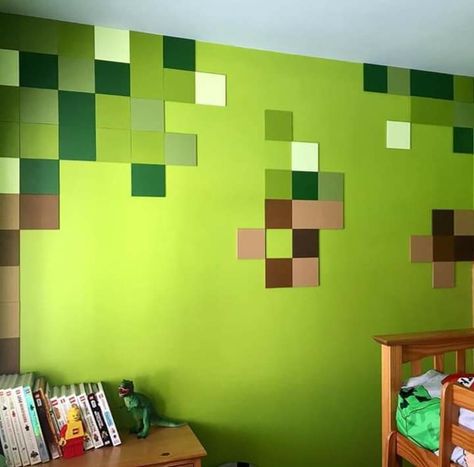 Minecraft Bedroom Wall Mural, Minecraft Mural, Boys Minecraft Bedroom, Minecraft Room Decor, Minecraft Diy, Minecraft Bedroom Decor, Gamer Bedroom, Boys Bedroom Makeover, Minecraft Bedroom