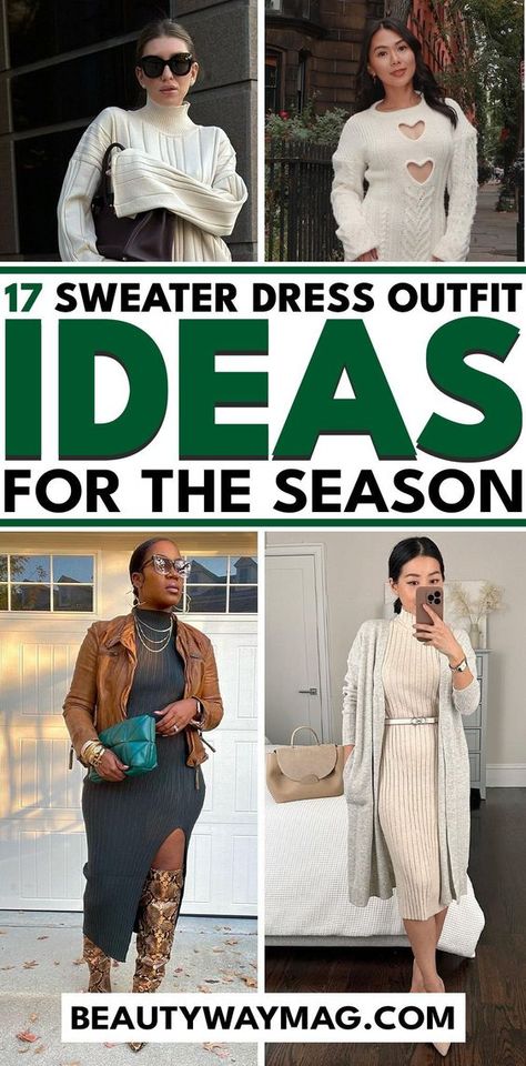 🍂 Searching for cozy and stylish outfit ideas? Check out these sweater dress looks that are perfect for the season! Add boots, belts, and scarves to complete your ensemble. Save this pin for your next wardrobe upgrade! 🧶✨ Sweater Dresses With Boots Ankle Booties, Sweater Dress Shoe Ideas, Winter White Sweater Dress, Long Sleeveless Sweater Dress Outfit, Taupe Sweater Dress Outfit, How To Style Long Sweater Dress, Midi Sweater Dress Outfit With Boots, Grey Sweater Dress Outfit Winter, Styling A Sweater Dress