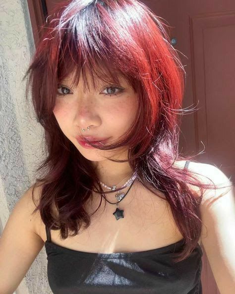 Layered Fluffy Hair With Bangs, Layered Hair Medium Choppy, Medium Alt Haircuts, Alternative Hair Dye Ideas, Shaggy Layers With Bangs, Inner Color Hair, Red Hair Wolf Cut, Haircut With Bangs And Layers, Alternative Haircuts Medium