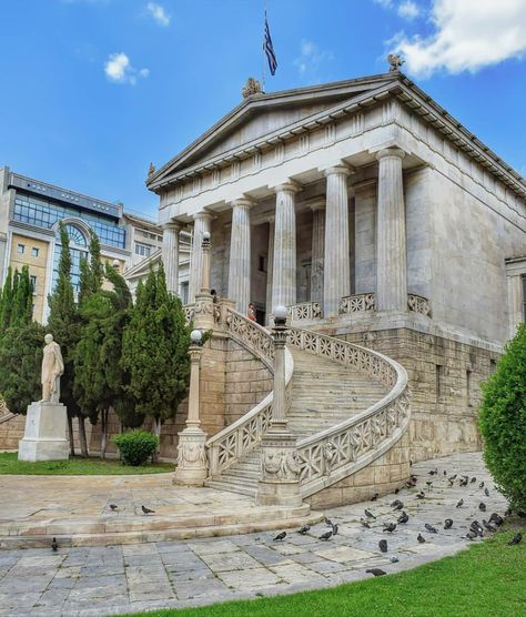 National Library _ Athens Greece Ancient Buildings Architecture, Large Staircase, Athens Travel, Townhouse Exterior, Greece Athens, Ancient Buildings, National Library, Italy Aesthetic, Pretty Pins