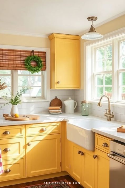 Bright kitchen with yellow cabinets, farmhouse sink, and sunlight streaming through windows. Yellow Kitchen Oak Cabinets, Yellow Kitchen Paint Colors, Dual Tone Kitchen Cabinets, Yellow Kitchen Paint, Kitchen Cabinet Paint Colors, Timeless Kitchen Cabinets, Taupe Kitchen Cabinets, Kitchen Cabinet Paint, Best Cabinet Paint