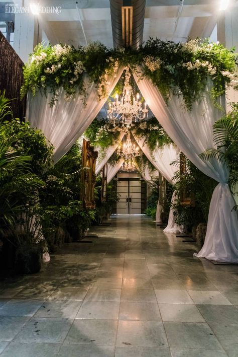 Chandelier Wedding Decor, Floral Arches, Rustic Wedding Decorations, Wedding Ceremony Ideas, Wedding Chandelier, White Drapes, Garden Wedding Inspiration, Wedding Entrance, Breathtaking Wedding