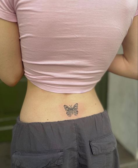 Lower Back Tattoos Butterfly, Butterfly Tattoo Lower Back, Lower Back Butterfly Tattoo, Make Fake Tattoos, Lower Back Tattoos For Women, Butterfly Lower Back Tattoo, Cherry Tattoos, Waist Tattoos, Petite Tattoos