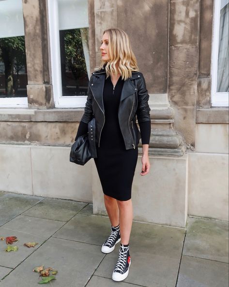 Comfy rib knit dresses, leather jackets and trainers for the foreseeable 🍁❤️ @liketoknow.it http://liketk.it/2X3Db #liketkit #LTKstyletip #LTKshoecrush Dress With A Leather Jacket Outfit, Dress And High Top Converse, Hi Top Converse Outfit, Dress And Converse Outfit, Charlotte Buttrick, Dress And Converse, Converse With Dress, Women Converse, High Top Converse Outfits