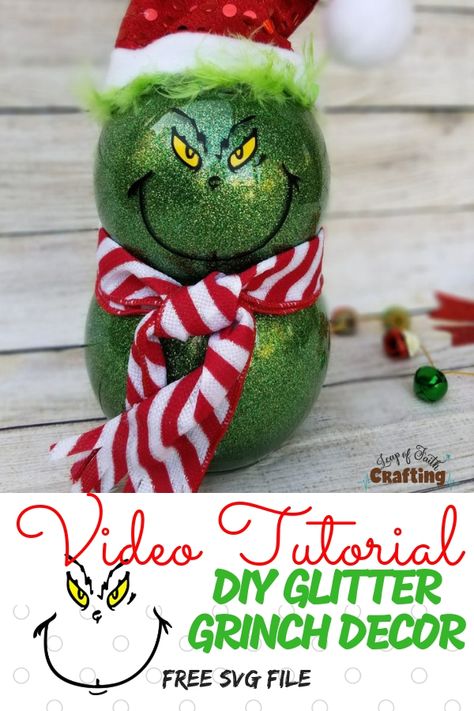 DIY Easy Grinch Decorations from Dollar Tree supplies. Make your own glitter Grinch decor with a FREE Grinch face SVG file and a video tutorial. #grinch #diy #glitter #diychristmas #tutorial #svg Grinch Craft, Grinch Decor, Grinch Crafts, Grinch Face Svg, Grinch Decorations, Dollar Store Christmas Crafts, Grinch Party, Grinch Christmas Decorations, Grinch Face