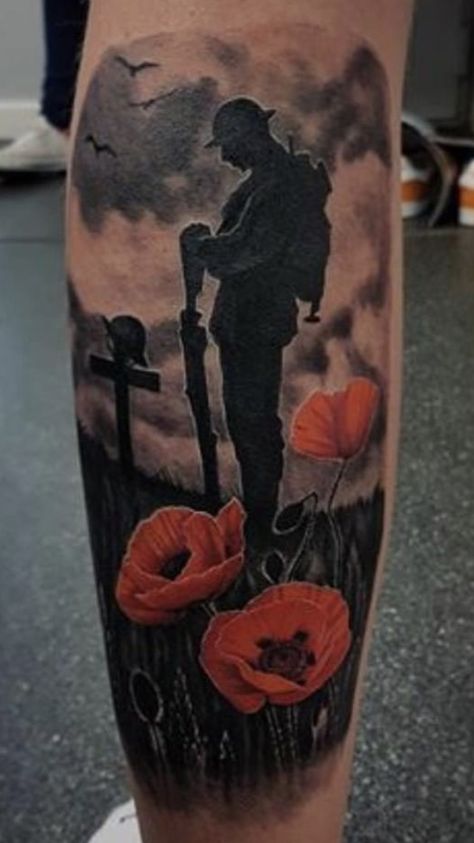 Anzac Tattoo Ideas, British Army Tattoos For Men, Anzac Tattoo Design, Soldier Silhouette Tattoo, Soldier Tattoo Designs Men, Ww1 Tattoo Ideas, Lest We Forget Tattoo Design, Remembrance Day Tattoos, Veteran Memorial Tattoo