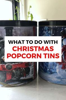 Christmas Tin Can Crafts Ideas, Christmas Popcorn Tins, Repurposed Home Decor, Cheap Planters, Wall Mounted Christmas Tree, Popcorn Tins, Home Decor Cheap, Christmas Popcorn, Tin Planters