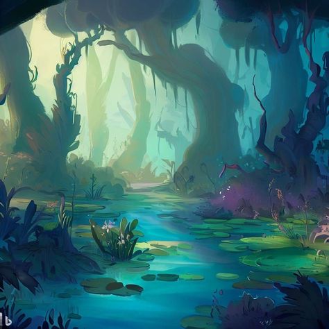 Fairy Swamp Aesthetic, Swamp Landscape Art, Feywild Landscape, Fantasy Swamp Art, Fairy Environment, Swamp Concept Art, Swamp Illustration, Swamp Core, Swamp Terrain