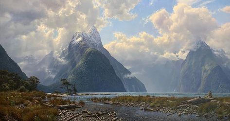 Andrew Tischler on Instagram: “I’ve posted this monster before, but not a full version...(at least I don’t think so 🤔) Milford Sound has got to be one of my favourites…” Andrew Tischler, Landscape Painting Tutorial, New Zealand Landscape, Original Paintings For Sale, Milford Sound, Contemporary Artist, Painting Process, Mountain Landscape, Paintings For Sale