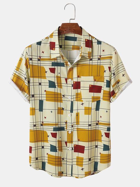 Mens Shirts Online, Line Print, Geometric Sleeve, By Any Means Necessary, Men Fashion Casual Outfits, Casual Stripes, Short Sleeve Button Up, Shirt Collar, Look Cool