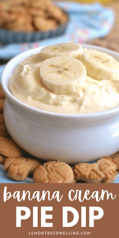 Easy Banana Cream Pie Dip makes a simple, delicious snack that's perfect for kids. Serve it with graham crackers or vanilla wafers for a fun flavor combination that everyone will LOVE! Pudding Dip, Banana Pudding Dip, Graham Cracker Dip, Easy Banana Cream Pie, Banana Dip, Cracker Dip, Banana Cream Pie Recipe, Pie Dip, Banana Pie