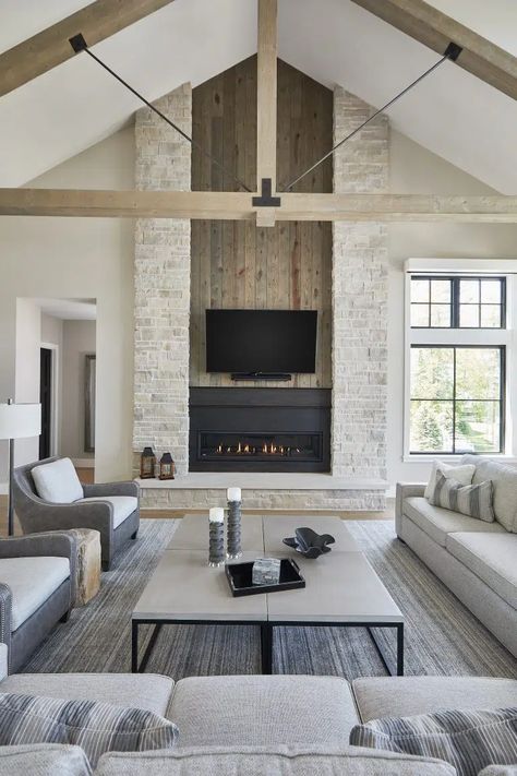 Portage Lake - J.Peterson Homes Cathedral Ceiling Living Room, Vaulted Ceiling Living Room, Lake House Interior, Inside A House, House Floor Design, Room Makeover Bedroom, Farmhouse Style House, Fireplace Design, Dream House Plans