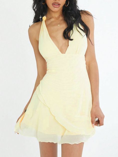 Amarillo Sexy Collar sin mangas Tela tejida Liso Apretado Embellished Estiramiento medio Yellow Formal Dress Short, Yellow Hoco Dress Short, Halter Hoco Dress, Hoco Dresses Yellow, Yellow Hoco Dress, Yellow Short Dress, Recruitment Dresses, Light Yellow Dress, Short Halter Dress