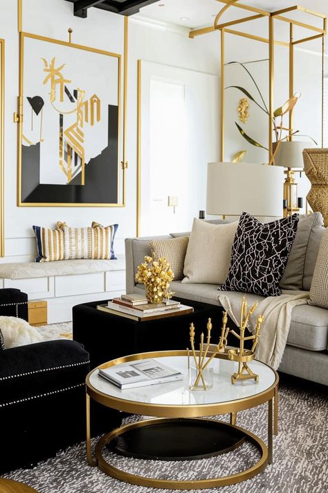 Elevate your living room with a timeless black, white, and gold color scheme. Bold black accents, crisp white walls, and luxurious gold accents create a sophisticated and elegant ambiance. Explore inspiring designs and find the perfect pieces to create your dream space. Living Room Palette, Black And White Room, Room Palette, Black And White Living Room Decor, Luxe Living Room, Gold Color Scheme, Black White And Gold, Patio Designs, White Room