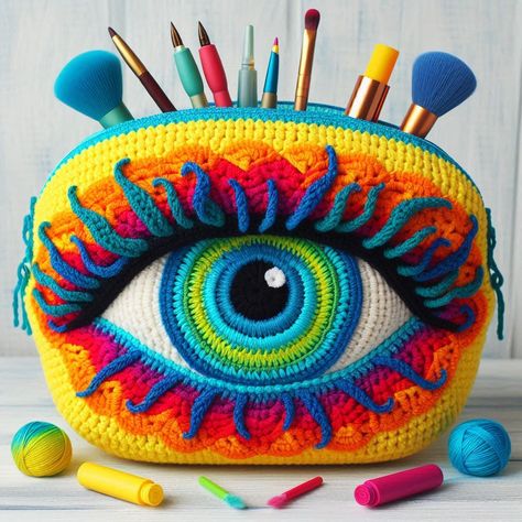 Trippy Crochet, Crochet Pencil Case, Crochet Eyes, Knitting Patterns Free Scarf, Crochet Needlework, Crochet Bags Purses, Freeform Crochet, Crochet Clothes Patterns, Crochet Instructions