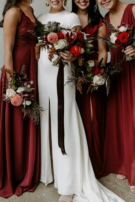 Industrial Wedding Bridesmaids, Moody Fall Wedding Photography, Maroon Wedding Aesthetic, Goth Bridesmaid Dresses, Moody Bridesmaid Dresses, Maroon Bridesmaid, Maroon Bridesmaid Dresses, Fall Wedding Photography, Bm Dresses