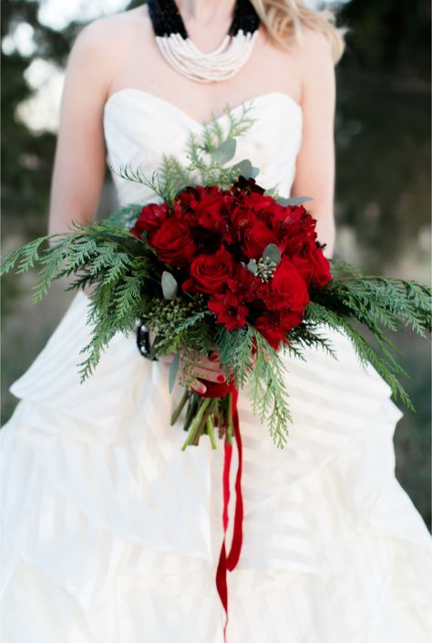 Red rose bridal bouquet | Alea Lovely Photography | http://burnettsboards.com/2013/12/holiday-couture-classy-stripes/ Red Rose Bridal Bouquet, Christmas Wedding Bouquets, Christmas Wedding Flowers, Winter Wedding Red, Evergreen Wedding, Christmas Wedding Inspiration, Christmas Wedding Decorations, Red Bouquet Wedding, Winter Wedding Bouquet