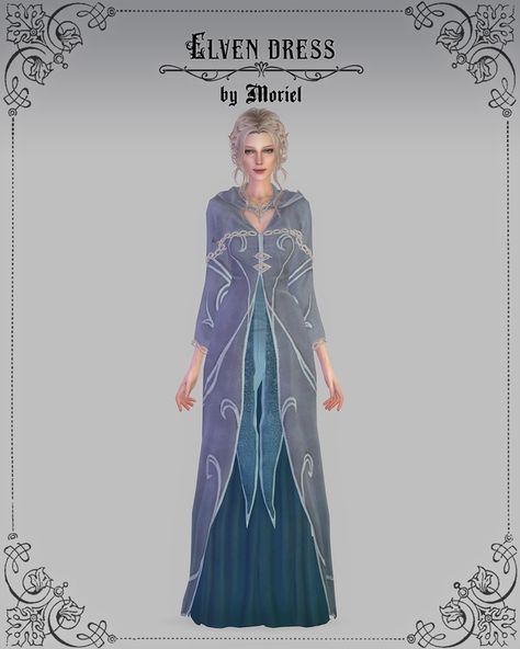 Elven set | Moriel on Patreon Fantasy Queen Dress, Cc Makeup, Elven Dress, Sims Medieval, Elf Dress, Goddess Outfit, Tumblr Sims 4, Free Sims, Sims 4 Dresses