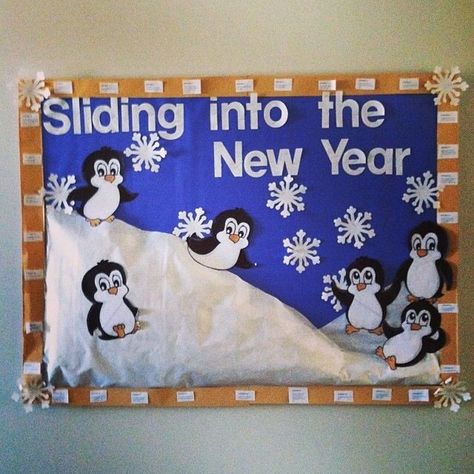 Sliding into the new year | RA Stuff | Pinterest January Themes, Christmas Bulletin Boards, Work Bulletin Boards, January Bulletin Boards, Birthday Bulletin Boards, Birthday Bulletin, Winter Bulletin Boards, Christmas Bulletin Board, Preschool Bulletin