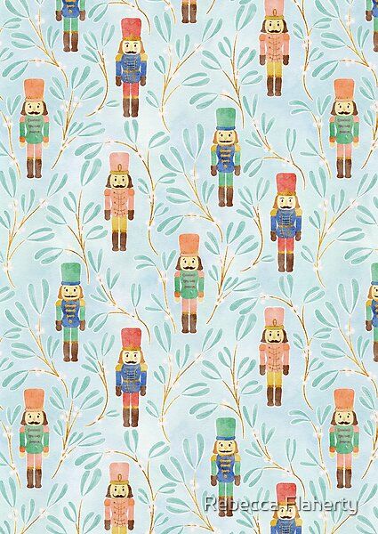 A pastel Christmas pattern of traditional nutcracker soldiers and mistletoe. Digital watercolour by Rebecca Flaherty. Nutcrackers Wallpaper, Nutcracker Phone Wallpaper, Nutcracker Ballet Wallpaper, Nutcracker Background, Nutcracker Wallpaper, Nutcracker Aesthetic, Nutcracker Pattern, Traditional Nutcracker, Ballet Wallpaper