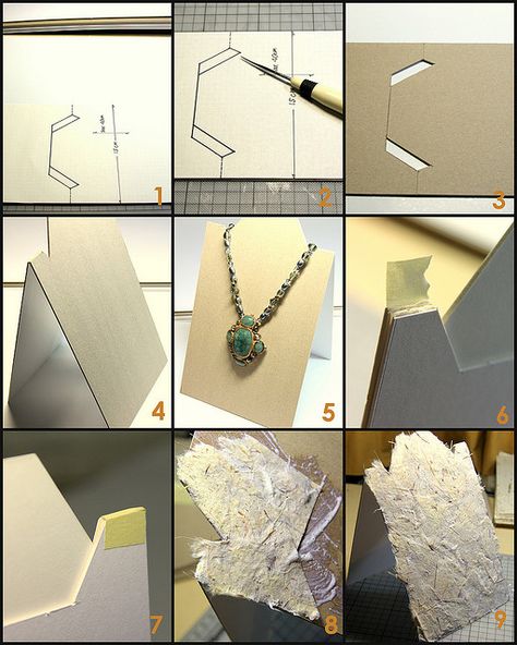 Necklace stand tutorial from Kotomicreations. For more DIY necklace stands check - http://www.beadinggem.com/2009/09/how-to-make-your-own-necklace-display.html Diy Necklace Stand, Cardboard Necklace, Diy Display, Diy Jewelry Display, Craft Fair Displays, Diy Collier, Craft Display, Necklace Stand, Craft Show Displays