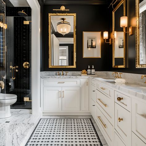 25 Jaw-Dropping Black and White Tile bathroom design ideas Moody Bathroom White Tile, Black And White And Gold Bathroom, White And Black Tile Bathroom, Small Bathroom Ideas Black And White, Black Tile Bathroom Ideas, Glamorous Bathroom Ideas, Bathroom Black Granite, Black Master Bath, Black And White Master Bath