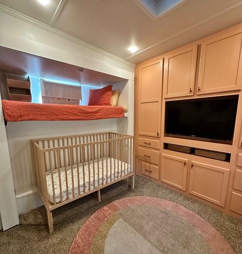 Crib In Rv, Rv Nursery Ideas, Rv Nursery, Cribs For Small Spaces, Camper Bunk Beds, Co Sleeper Bassinet, Rv Design, Small Crib, Ideas For Camping