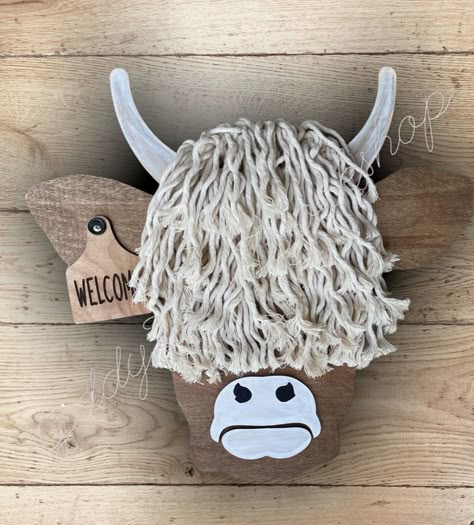 Farm Animal Crafts For Adults, Wooden Cows Crafts, Wooden Cow Head Cutout, Wood Cow Crafts, Wood Cow Head Door Hanger, Highland Cow Gift Ideas, Cow Wood Crafts, Cow Wood Sign, Cow Themed Decor