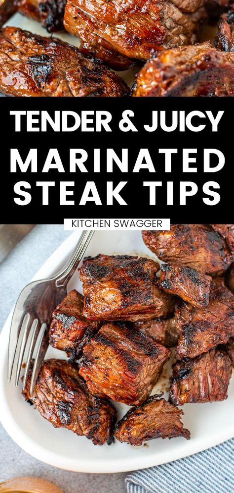 Craft the perfect steak dinner with these marinated steak tips! Our homemade beer teriyaki marinade is sure to make your steak tips delightfully juicy and tender. The marinade includes a flavorful mix of beer, soy sauce, garlic, and other seasonings that will tantalize your taste buds. It's the perfect combination of savory and sweet! Marinated Steak Tips, Marinated Steak Recipes, Sirloin Tip Steak, Soy Sauce Garlic, Beef Tip Recipes, Steak Marinade Recipes, The Perfect Steak, Beef Marinade, Teriyaki Marinade