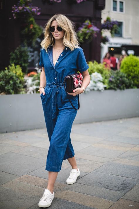 Emma Hill wears denim jumpsuit, floral handbag, YSL trainers, casual summer outfit Light Denim Jumpsuit Outfit, Denim Jumpsuit Outfit Summer, Denim Jumpsuit Outfit Casual, Denim Jumpsuit Outfit, Jumpsuit Outfit Casual, Emma Hill, Playsuits Outfit, Pantone 2020, Dubai Holidays