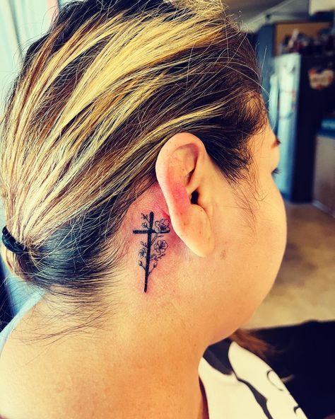 Christian Behind Ear Tattoo, Tattoo Back Ear, Small Cross Tattoo Behind Ear, Behind The Ear Cross Tattoo, Ear Cross Tattoo, Cross Tattoo Behind Ear, Cross Behind Ear Tattoo, Floral Cross Tattoo, Back Ear Tattoo