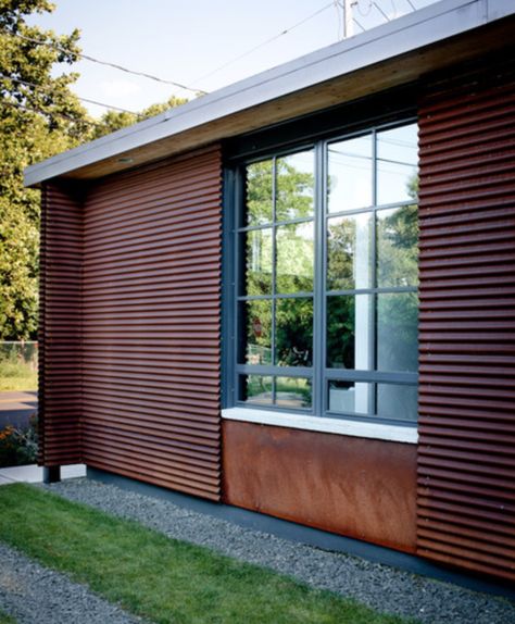 Rusted Metal Siding, Corrugated Iron Sheet House Designs, Pole Barn Construction, Corrugated Metal Siding, Corrugated Iron, Garage Exterior, Metal Facade, Metal Siding, Steel Panels