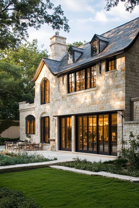 39 Charming Modern French Country Houses Single Story European House Plans, Modern French Country Architecture, Stone Work House Exterior, Modern Covered Front Porch, Stone And Plaster House Exterior, Stacked Stone Exterior House, Modern Manor Exterior, All Stone House Exterior, Timeless House Plans